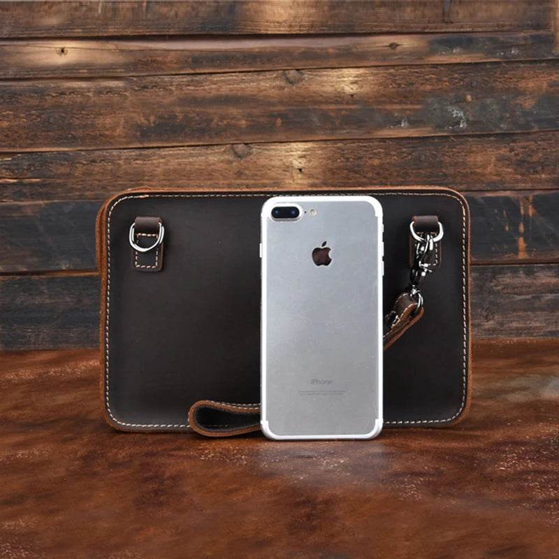 Fashion Men's Genuine Leather File Document Bags with Wrist Sling - VacationGrabs