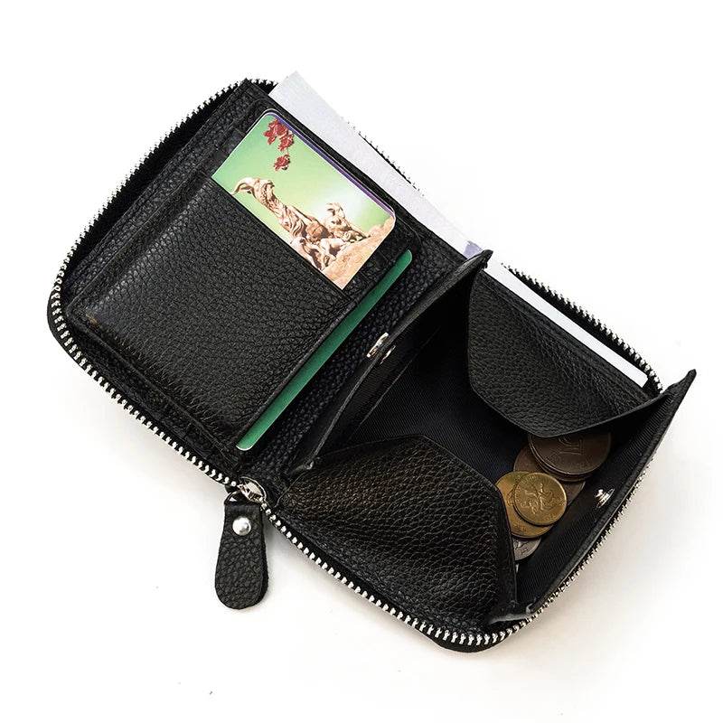 Black Soft Genuine Leather Short Wallet with Coin Pocket & Photo Holder - VacationGrabs