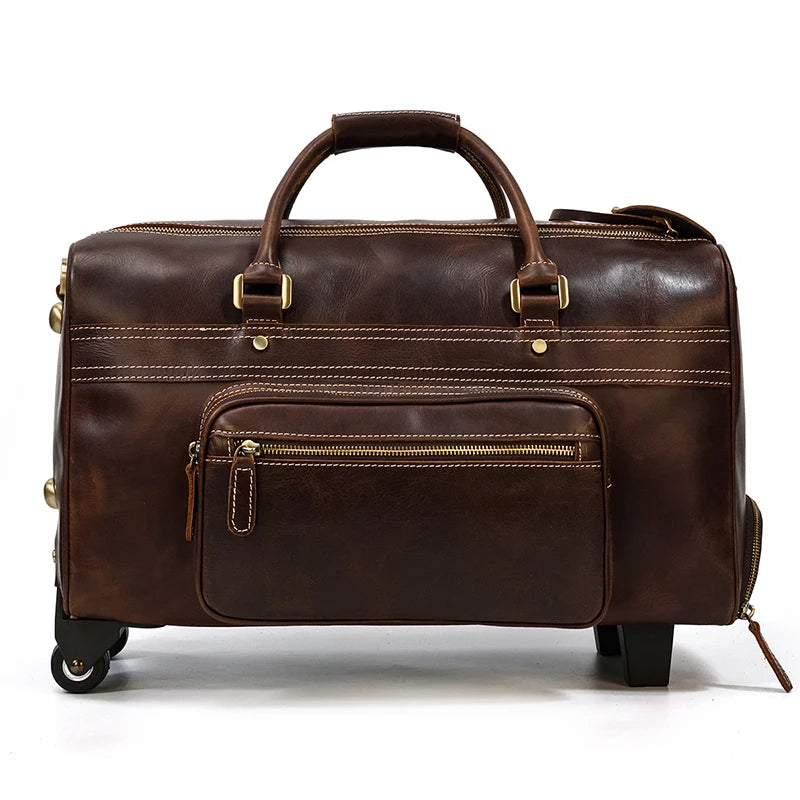 Rolling Genuine leather hand luggage travel bag with wheels