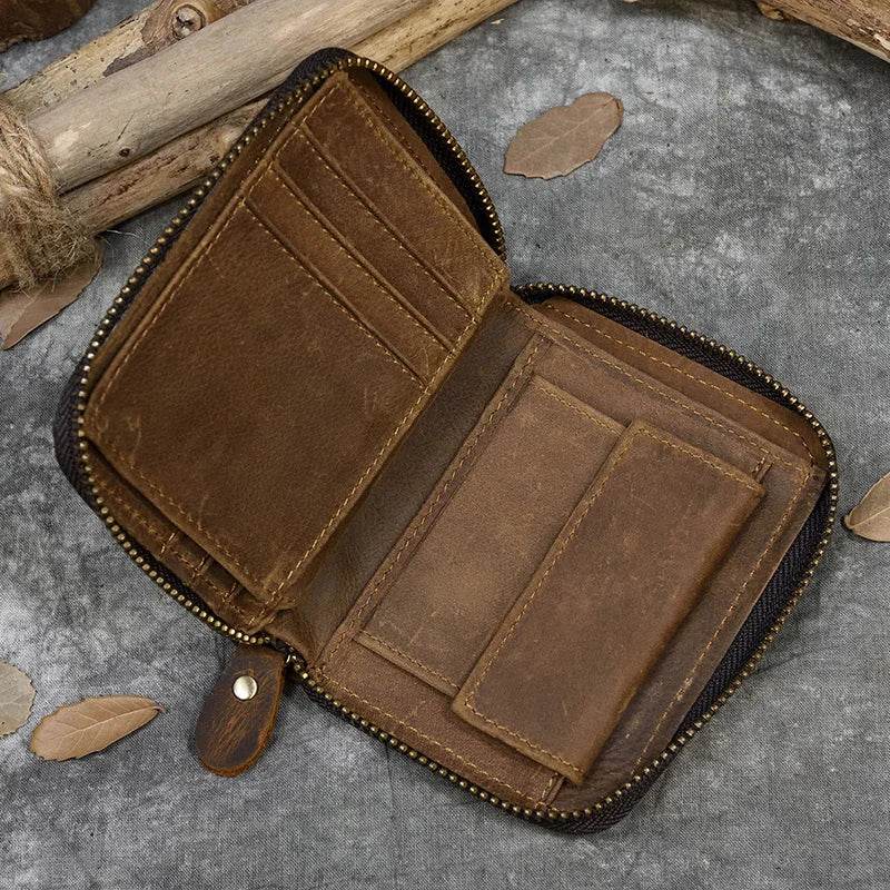 Retro Men's Short Wallet Vintage Cow Leather Zipper Credit Card Holder - VacationGrabs