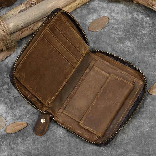 Retro Men's Short Wallet Vintage Cow Leather Zipper Credit Card Holder - VacationGrabs