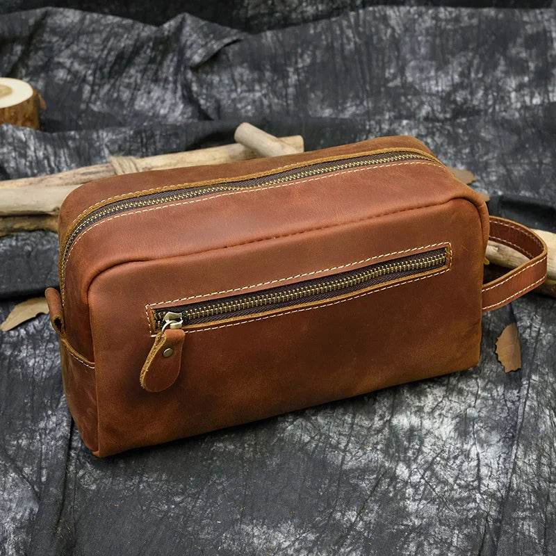 Brown Genuine Leather Clutch Bag for Travel & Toiletries - VacationGrabs