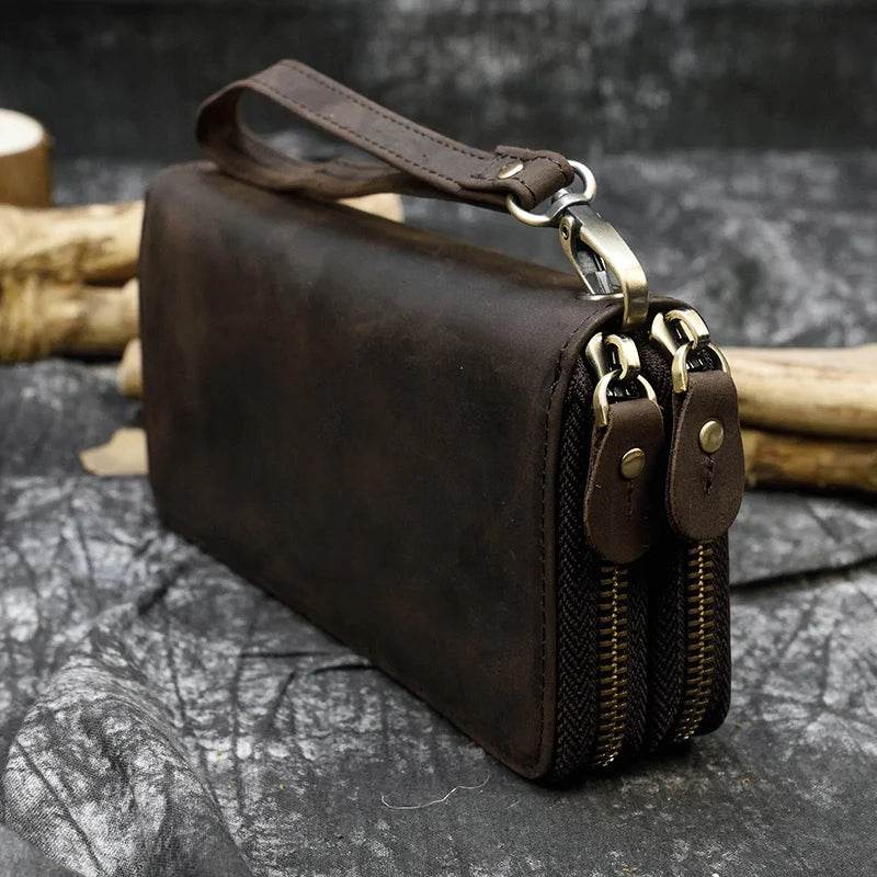 Retro Crazy Horse Leather Double Zipper Wallet for Men & Women - VacationGrabs