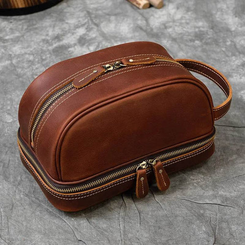 Crazy Horse Genuine Leather Small Travel Toiletry Bag - VacationGrabs