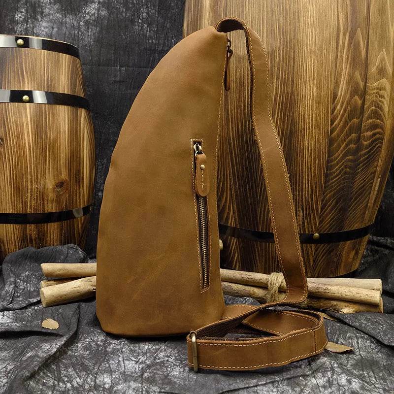 Unique Leather Chest Bag Crazy Horse Vintage Crossbody Sling Bag - VacationGrabs