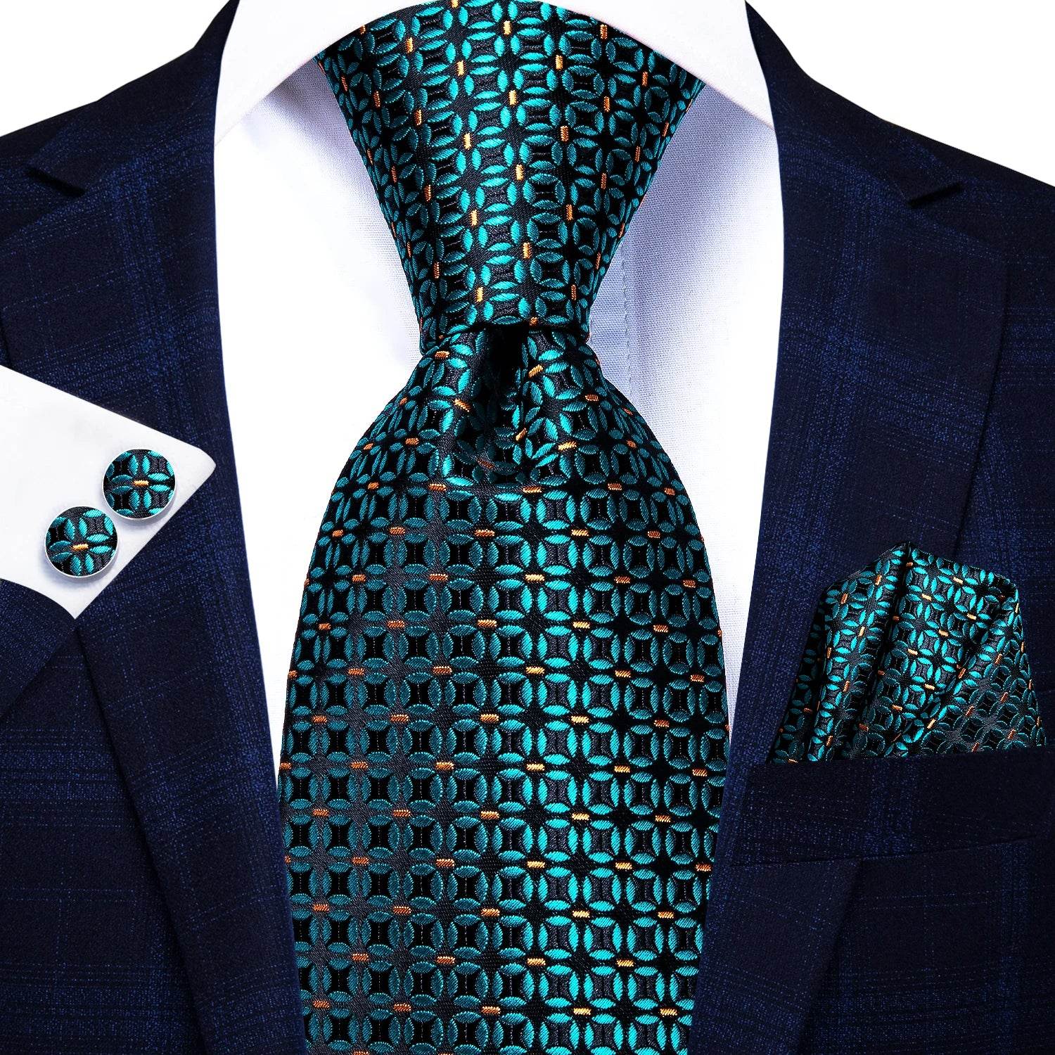 Teal Blue Dot Stripe Silk Tie Set for Men - VacationGrabs