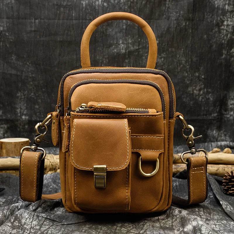 Vintage Leather Small Shoulder Waist Belt Bag for Men - VacationGrabs