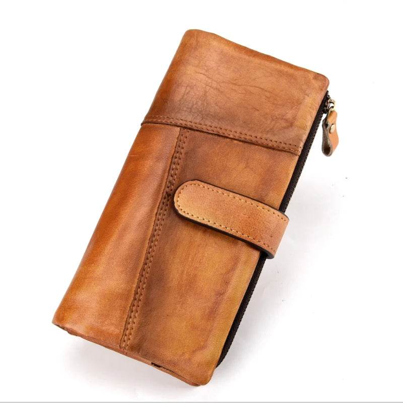 Vintage Wax Oil Skin Long Purse Genuine Leather RFID Wallet for Men - VacationGrabs