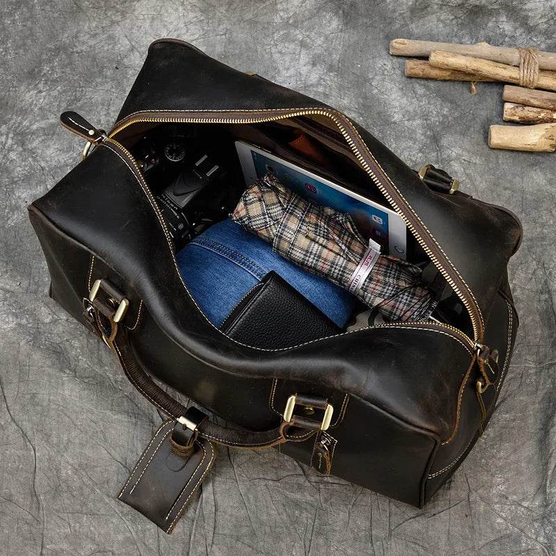 Vintage Crazy Horse Leather Duffle Bag – Fashion Handbag - VacationGrabs