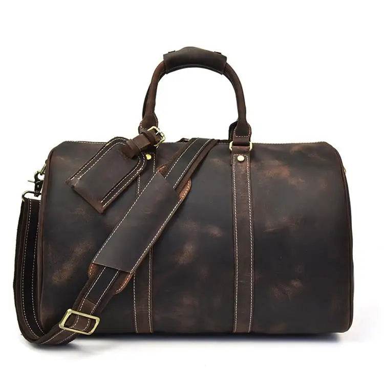 Crazy Horse Leather Men’s Travel Duffle Bag Retro Cowhide - VacationGrabs