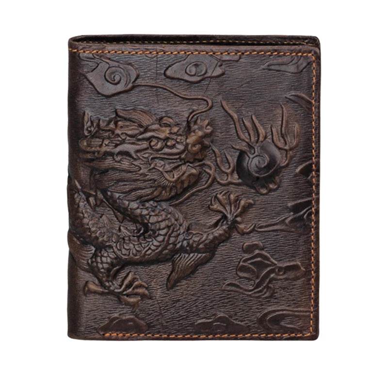 3D Dragon Style Genuine Leather Long Wallet for Men, Bifold Fashion - VacationGrabs