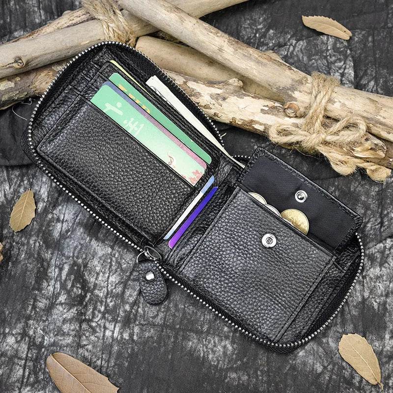 Retro Men's Short Wallet Vintage Cow Leather Zipper Credit Card Holder - VacationGrabs