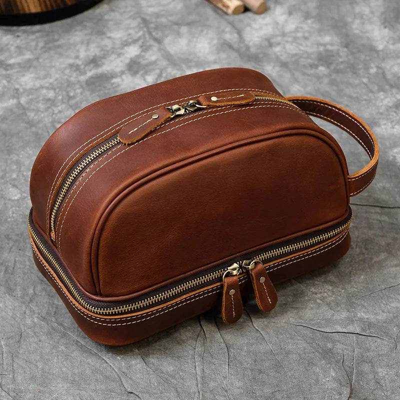 Thick Leather Clutch Bag for Men Genuine Leather Toiletry Kit Bag - VacationGrabs