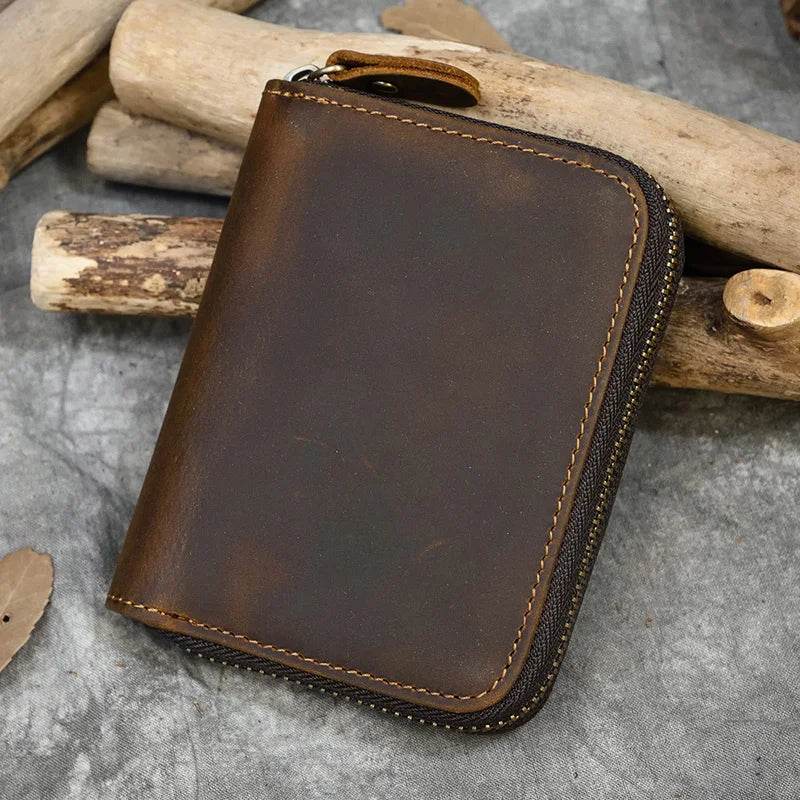 Retro Men's Short Wallet Vintage Cow Leather Zipper Credit Card Holder - VacationGrabs