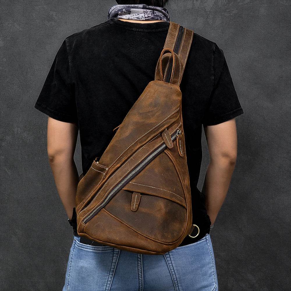 Leather Sling Bag for Biker Men Crossbody Chest Pack - VacationGrabs