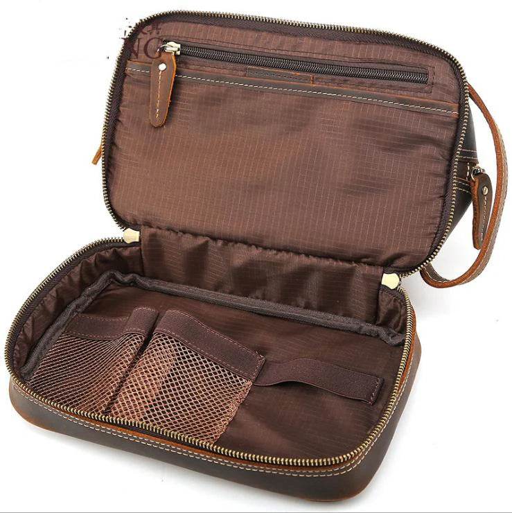 Thick Leather Clutch Bag for Men Genuine Leather Toiletry Kit Bag - VacationGrabs