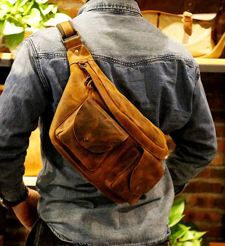Large Genuine Leather Chest Sling Bag for Men – Vintage Style