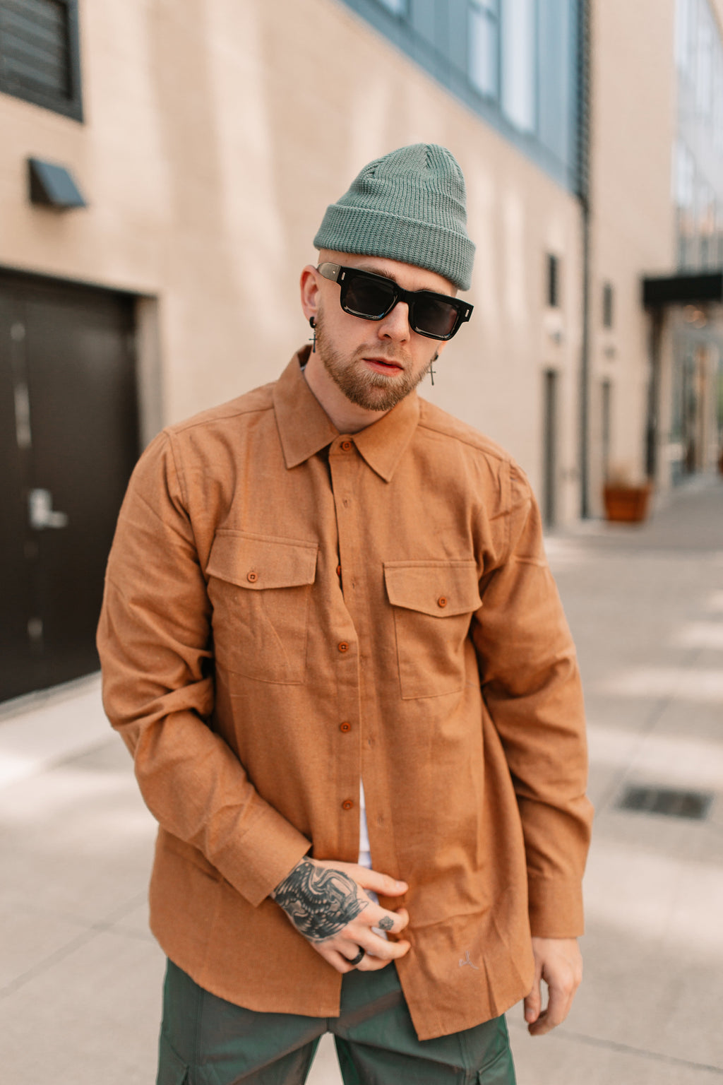 Solid Flannel Long Sleeve Shirt with Chest Pockets