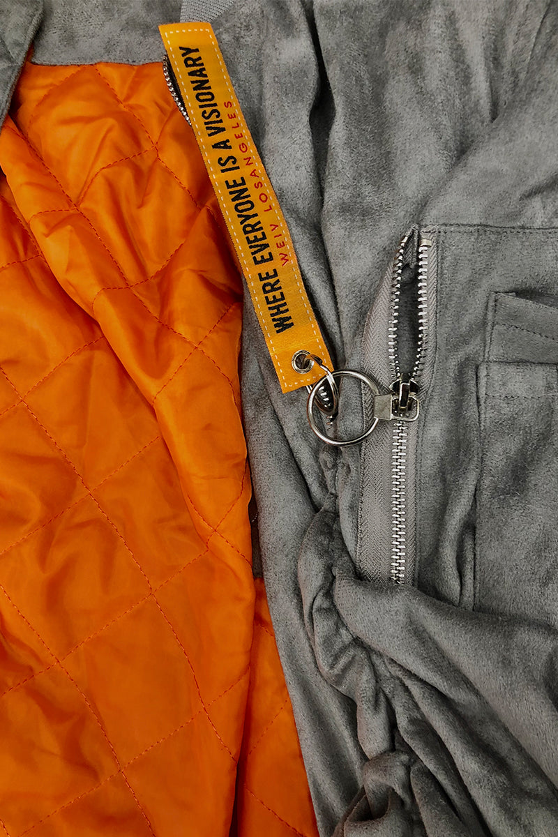 Faux Suede Bomber Jacket with Utility Sleeve Pocket