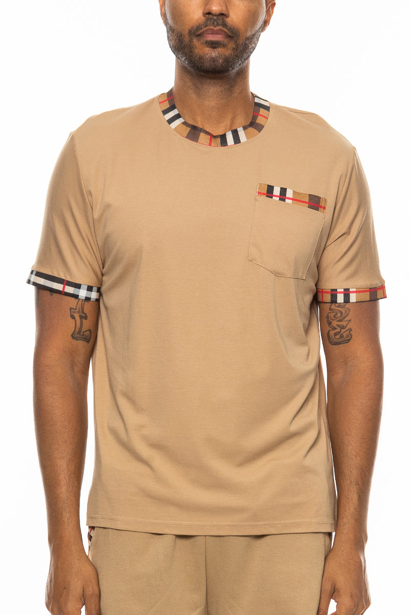Checkered Detail T-Shirt with Plaid Collar & Pocket