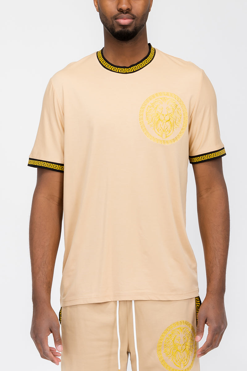 Lion Head Graphic Tee | Round Neck with Tape Detail