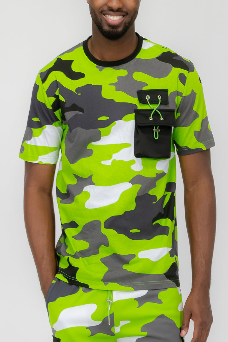 Full Camo Digital Print T-Shirt with Chest Toggle Pocket