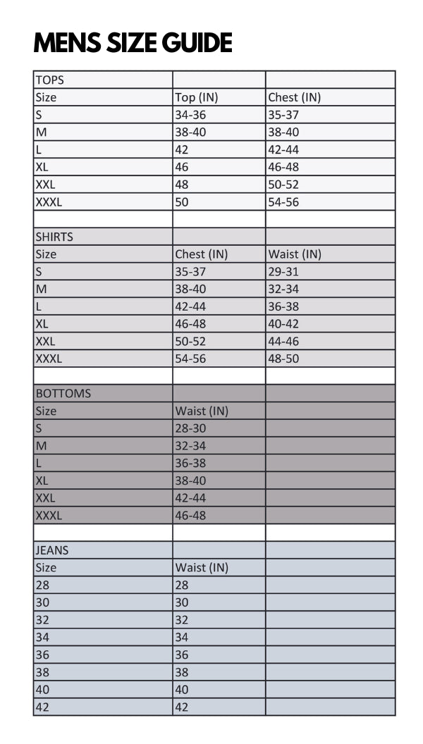 Mens size guide chart for tops, shirts, bottoms, and jeans.