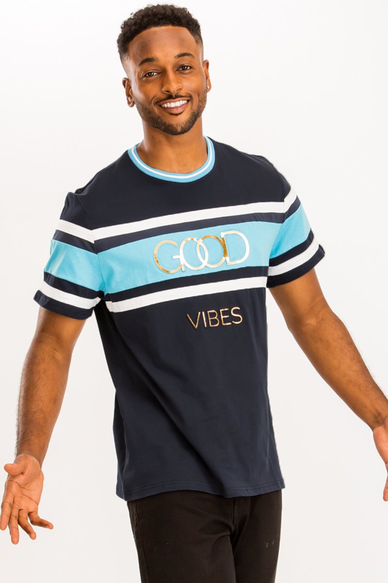 Blue Color Block GOOD VIBES T-Shirt