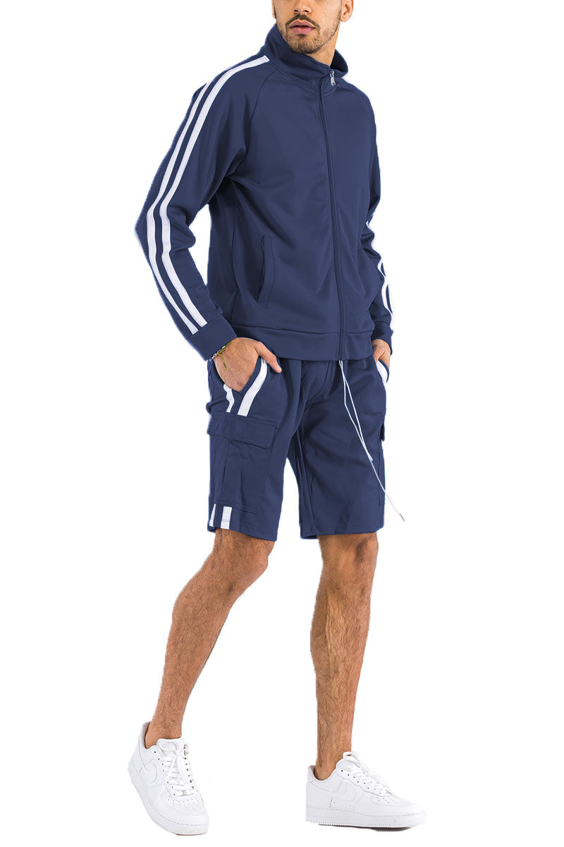 Two Stripe Cargo Short Set with Full Zip Jacket