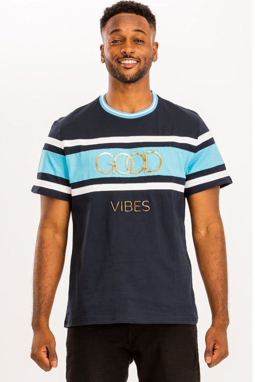 Blue Color Block GOOD VIBES T-Shirt
