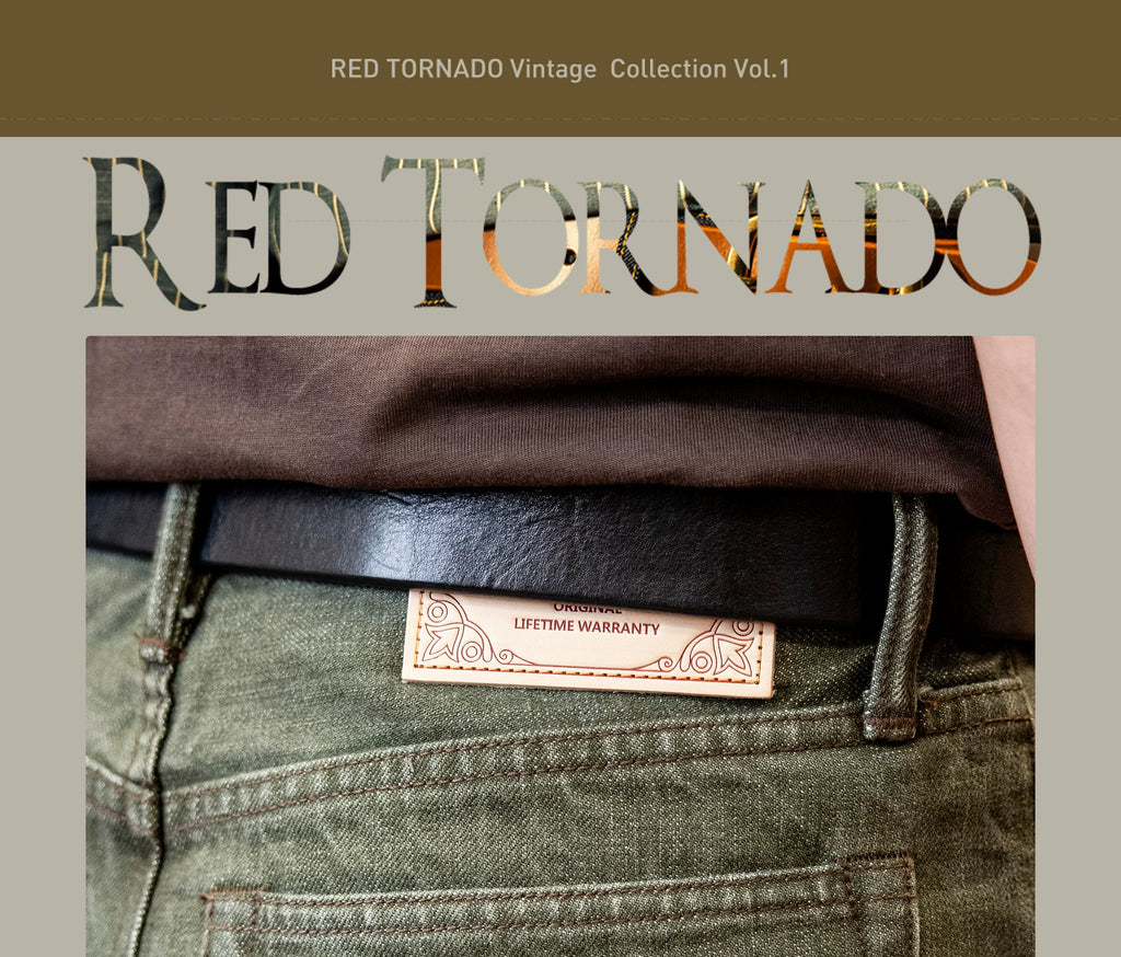 Green jeans with a leather belt and 'Red Tornado' label on a beige background