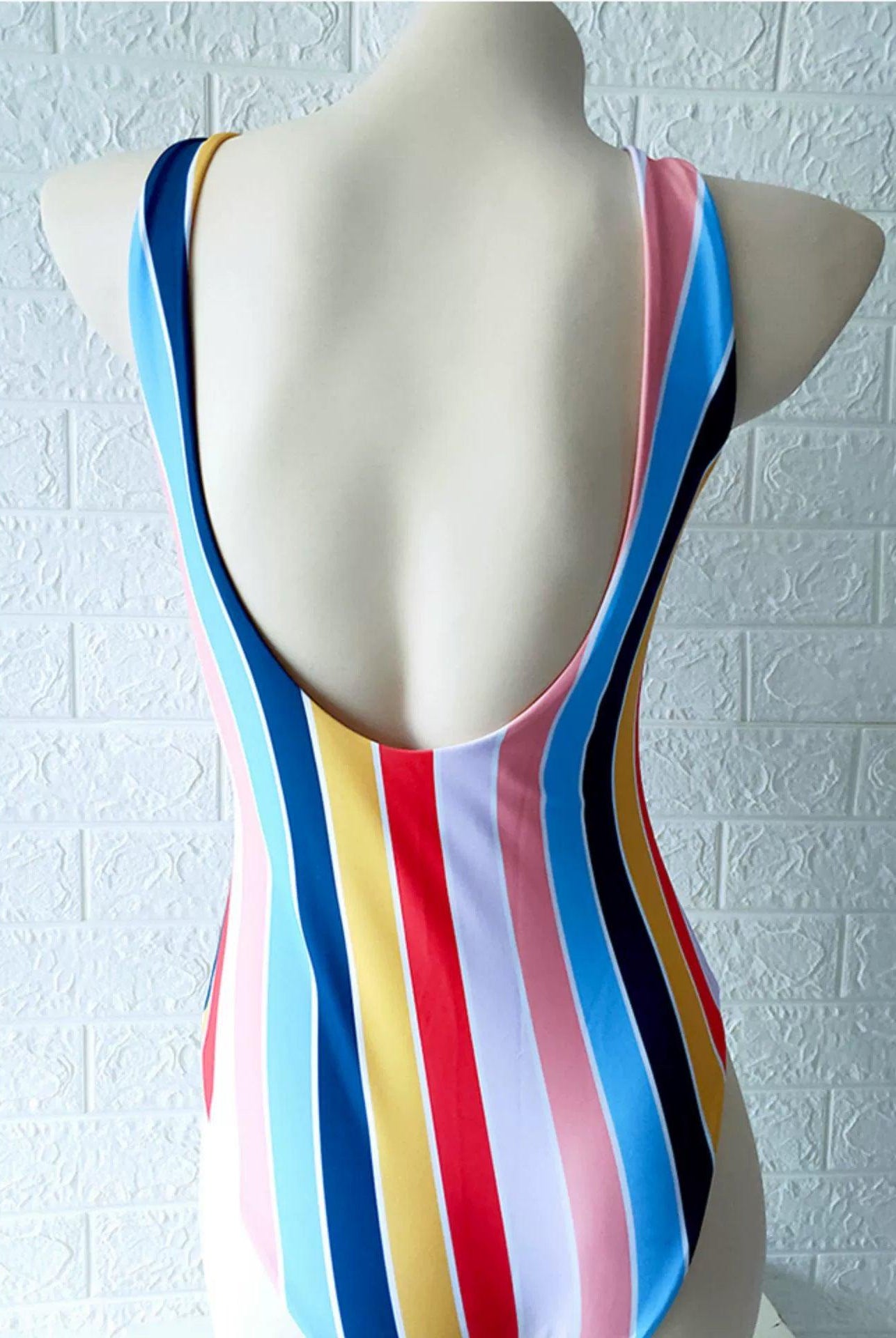  Womens One-Piece Vertical Striped Swimsuit Orange Pink Blue Swimwear