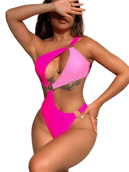 Women's Swimwear - 1PC Pink One-Shoulder Ring Detail Swimsuit