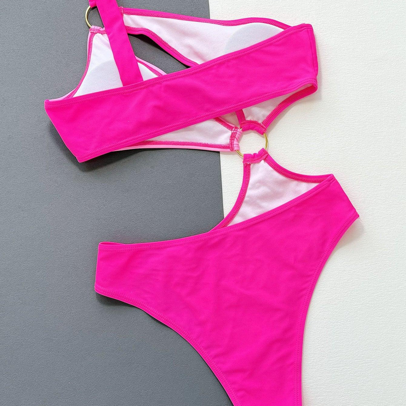 Women's Swimwear - 1PC Pink One-Shoulder Ring Detail Swimsuit