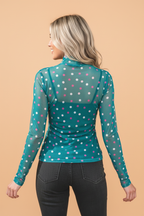 Polka Dot Mesh Bodycon Mock Neck Top