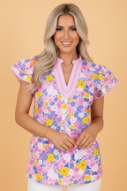 Floral Stripe Colorblock Flutter Sleeve Blouse