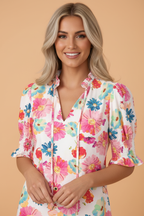 Floral Tie V-Neck Puff Sleeve Blouse