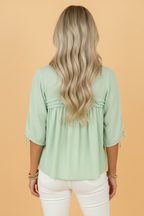Solid Pleated Tie Sleeve Babydoll Blouse