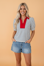 Stripe Colorblock Puff Sleeve Polo Collar Blouse