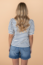 Stripe Colorblock Puff Sleeve Polo Collar Blouse