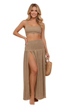 Solid Shirred High Waist Side Slit Beach Maxi Skirt