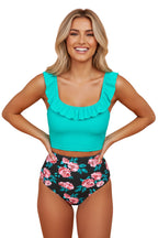 Solid Ruffle Top & Floral Bikini Set