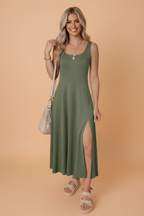 Solid Sleeveless Flared Side Slit Midi Dress