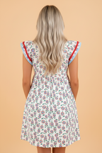 Floral Contrast Trim V-Neck Flutter Sleeve Mini Dress