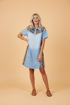 Leopard Patchwork Colorblock Shirt Collar Mini Dress