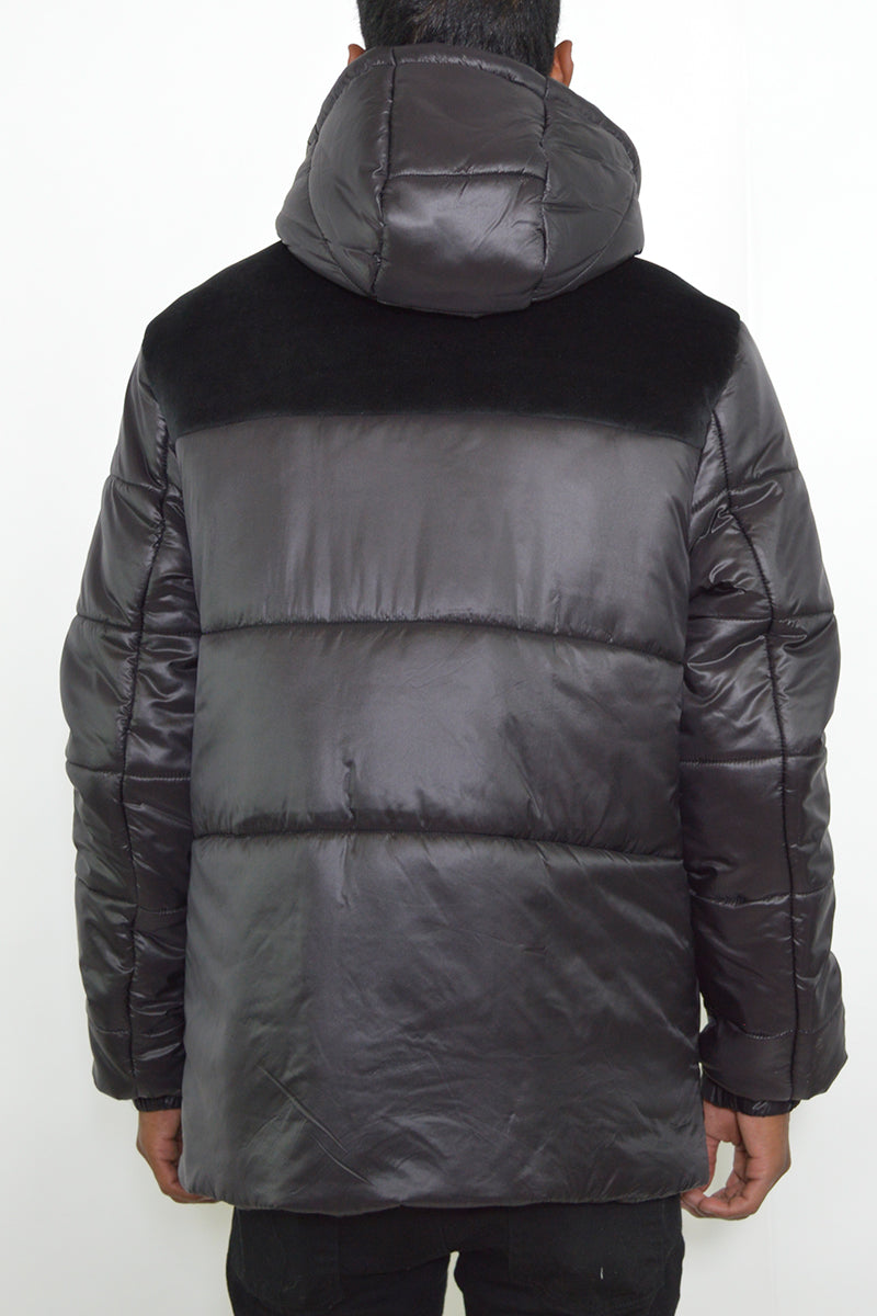 Quarter Suede Hooded Puffer Jacket with Zippered Pockets