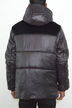 Quarter Suede Hooded Puffer Jacket with Zippered Pockets