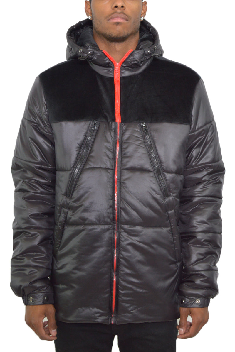 Quarter Suede Hooded Puffer Jacket with Zippered Pockets