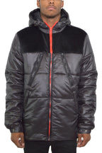 Quarter Suede Hooded Puffer Jacket with Zippered Pockets