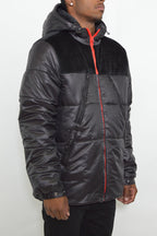 Quarter Suede Hooded Puffer Jacket with Zippered Pockets